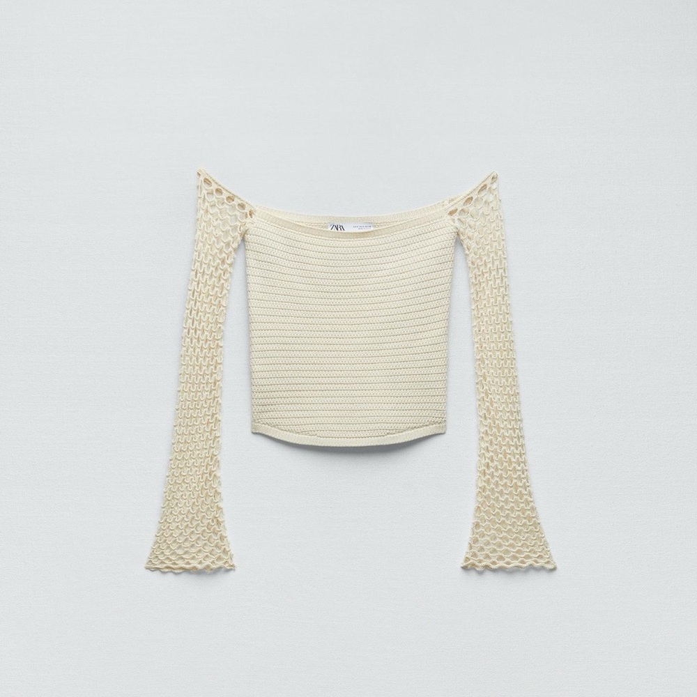 Zara Cream Off-Shoulder Crochet Sleeve Sweater